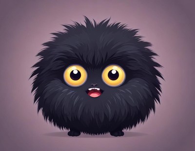 Fluffy black creature with big eyes and cheerful expression