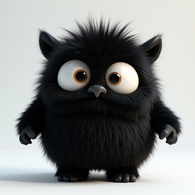 Cute black furry creature with big eyes and fluffy texture