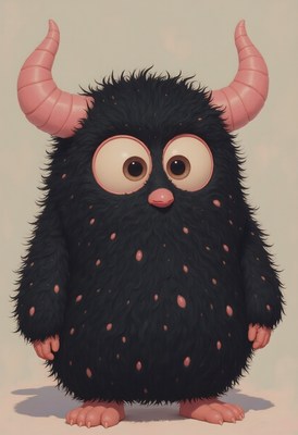 Fluffy creature with large eyes and pink horns stands still