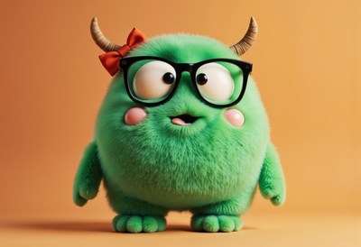 Cute green creature with glasses and horns poses for fun