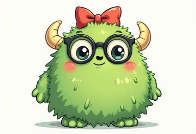 Cute green monster character with glasses and a bow