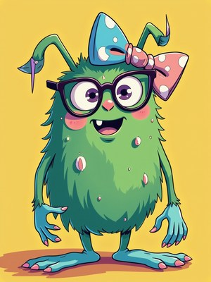Friendly green monster with glasses and a bow