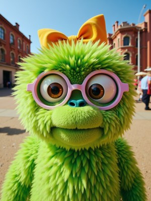 Bright green plush character with glasses in a sunny square