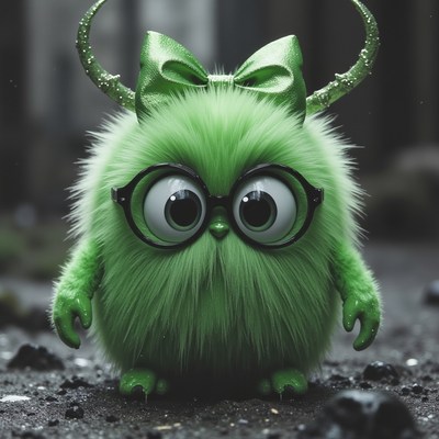 Furry green creature wearing glasses and a bow