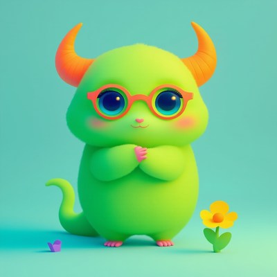 Green creature with big eyes and a flower