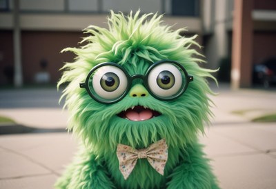 Green monster with glasses poses outside a building