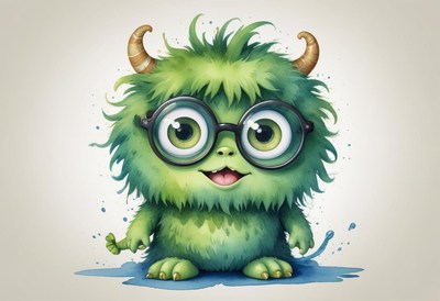 Cute green monster character with glasses and horns