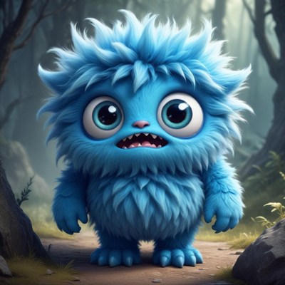 Cute blue creature in a mystical forest setting