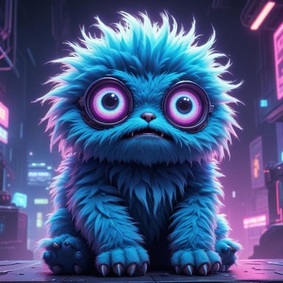 Furry blue creature with big eyes in neon cityscape