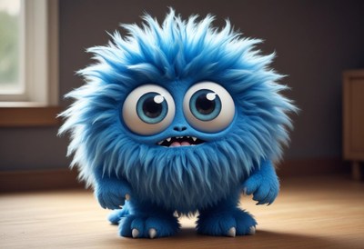 Cute blue furry creature with big eyes in a cozy room