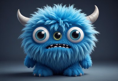 Blue fluffy monster with large eyes and horns