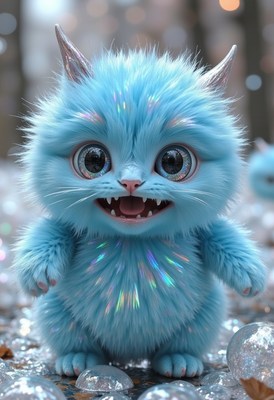 Cute blue monster character in a magical forest setting