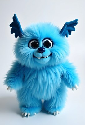 Cute blue fluffy monster toy with big eyes and ears