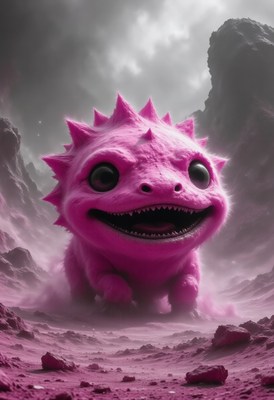 Fantasy creature exploring a surreal pink landscape