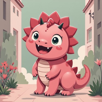 Cute cartoon dragon character in a vibrant urban setting