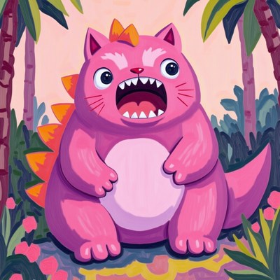 Colorful cartoon monster with exaggerated features in jungle