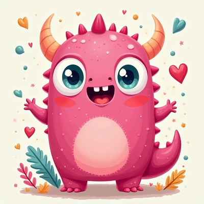 Cute pink monster with big eyes and cheerful expression