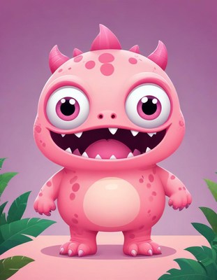Cute pink monster standing in a colorful environment