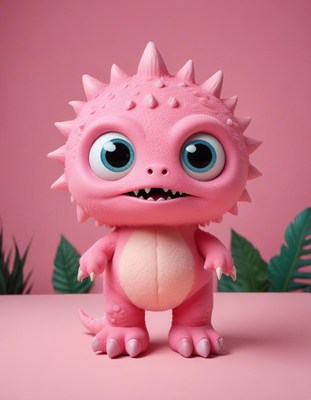 Cute pink monster toy stands against a pastel background