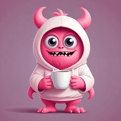 Cute pink monster holding a cup in a cozy setting