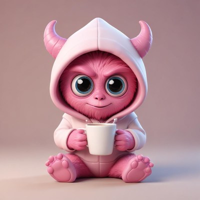 Cute pink creature enjoys a warm drink in a cozy setting