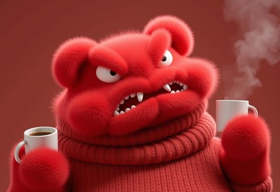 Cute monster enjoys hot drinks in cozy setting