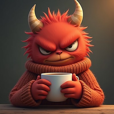 Cute red monster enjoying coffee in cozy sweater
