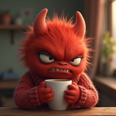 Red creature sips coffee, looking annoyed in cozy room