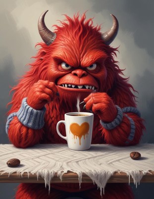Red monster enjoying coffee with a playful expression