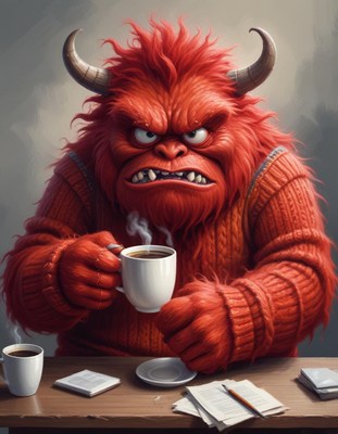 Angry creature enjoying coffee in cozy setting
