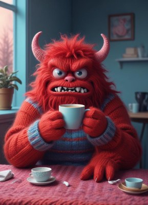 Monster enjoys coffee in cozy cafe setting