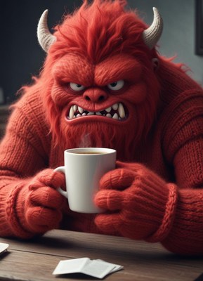 Red creature enjoying coffee at a cozy cafe table