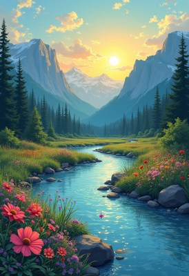 Sunrise over a serene mountain river with blooming flowers