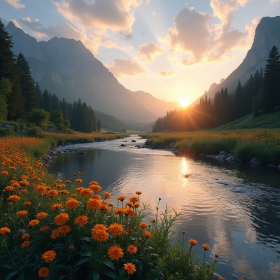 Sunset reflects on river surrounded by vibrant flowers