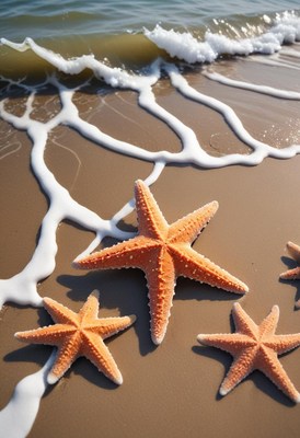 Starfish on a sandy beach at low tide during daylight