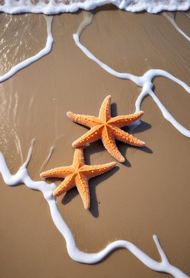 Starfish resting on sandy beach at low tide