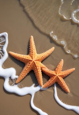 Starfish resting on sandy beach by the shore