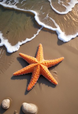 Bright orange starfish on sandy beach near shoreline
