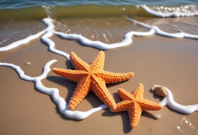 Starfish on sandy beach with ocean waves gently rolling