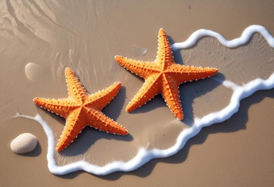 Starfish on sandy beach at sunrise