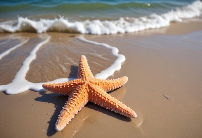 Starfish resting on sandy beach near ocean waves