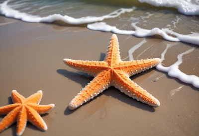 Starfish resting on sandy beach near ocean waves