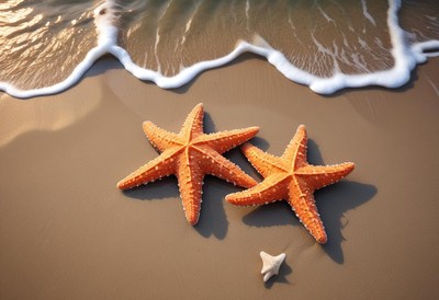 Starfish resting on sandy beach at low tide