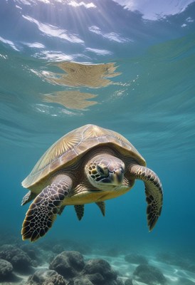 Green sea turtle swimming gracefully in clear ocean water