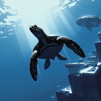 Sea turtle swimming in clear blue ocean depths