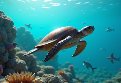 Colorful sea turtle swimming in a vibrant coral reef