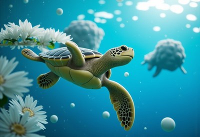 Sea turtle swimming among corals and flowers underwater