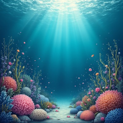Vibrant underwater coral reef with sun rays shining down