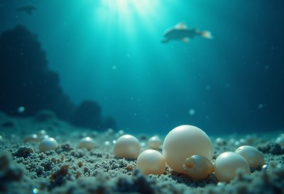 Underwater scene showcases drifting pearls and fish