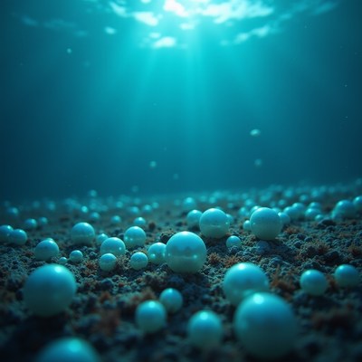 Blue underwater scene with pearls on ocean floor